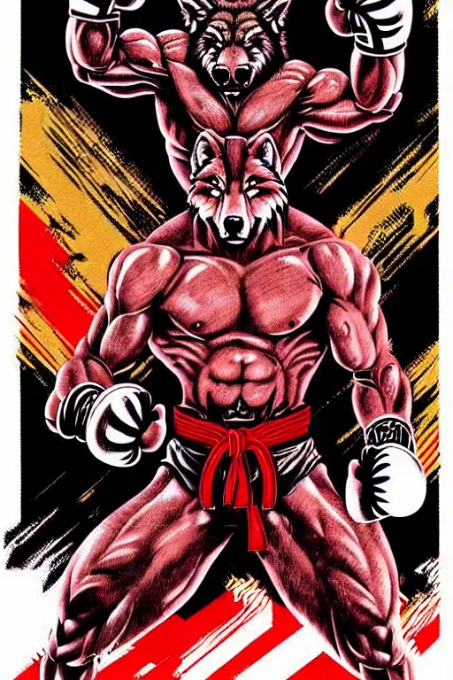 Image similar to extreme long shot. 8 bit nes graphics. antropomorphic muscular masculine wolf. kickboxer fighter, in shorts. wolf head. angry. fine details, very sharp, art from nes game cartridge, 8 0's, vhs artefacts, vaporwave style, marc simonetti and hermann nitsch and anish kapoor.