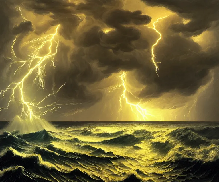 Image similar to hyper detailed 3d render like a Oil painting - greek god poseiden standing tall on the shore of a roiling stormy ocean, golden trident raised overhead, lightning storm in background, anger + wrath, by Jacek Yerka, Mariusz Lewandowski, Houdini algorithmic generative render, Abstract brush strokes, Masterpiece, Edward Hopper and James Gilleard, Zdzislaw Beksinski, Mark Ryden, Wolfgang Lettl, hints of Yayoi Kasuma, octane render, 8k