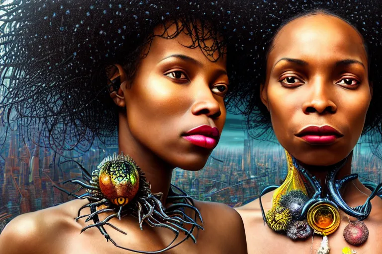 Image similar to realistic detailed closeup portrait movie shot of a beautiful black woman with a giant spider, dystopian city landscape background by denis villeneuve, amano, yves tanguy, alphonse mucha, max ernst, ernst haeckel, kehinde wiley, caravaggio, cyber necklace, rich moody colours, sci fi patterns, wide angle