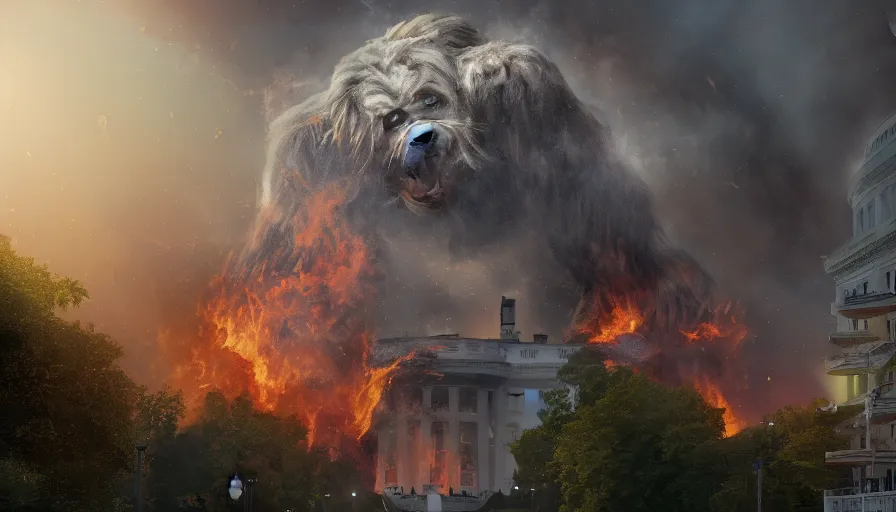 Image similar to giant bigfoot destroying washington dc, debris, collapsed buildings, burning white house, hyperdetailed, artstation, cgsociety, 8 k