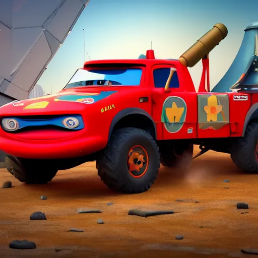 Prompt: HIMARS rocket launcher, disney pixar Cars character concept artwork, 3d concept, high detail iconic character for upcoming film, 8k octane render, 3d, 8k octane render