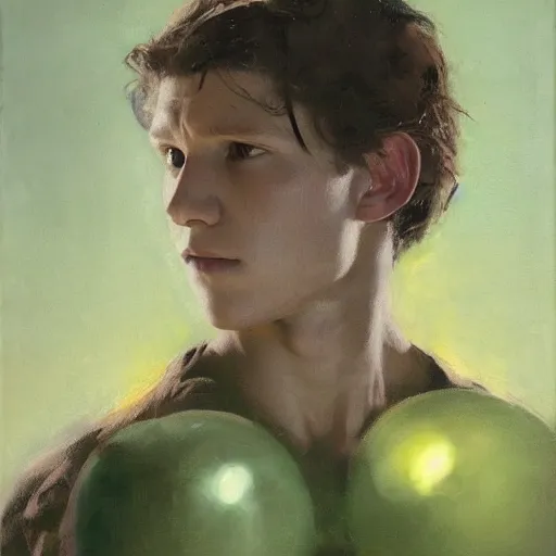 Image similar to tom holland wearing green tunic holding glowing purple orb by ruan jia, portrait