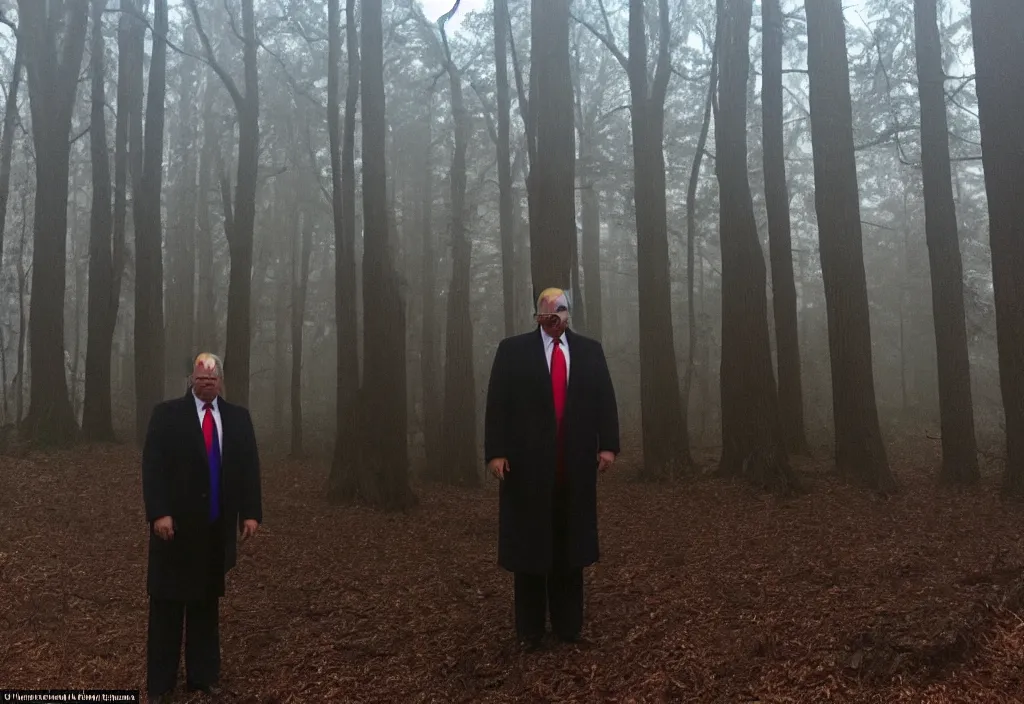 Image similar to low quality iphone photo of donald trump standing ominously deep in the foggy woods with a demonic smile in his face, low visibility creepy