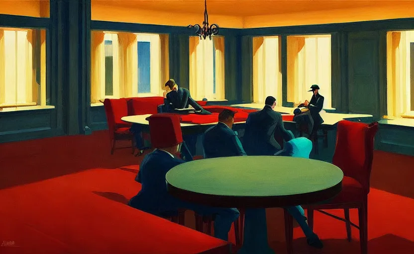 Image similar to Inside mafia room, very coherent, painted by Edward Hopper, painted by James Gilleard, airbrush, art by JamesJean