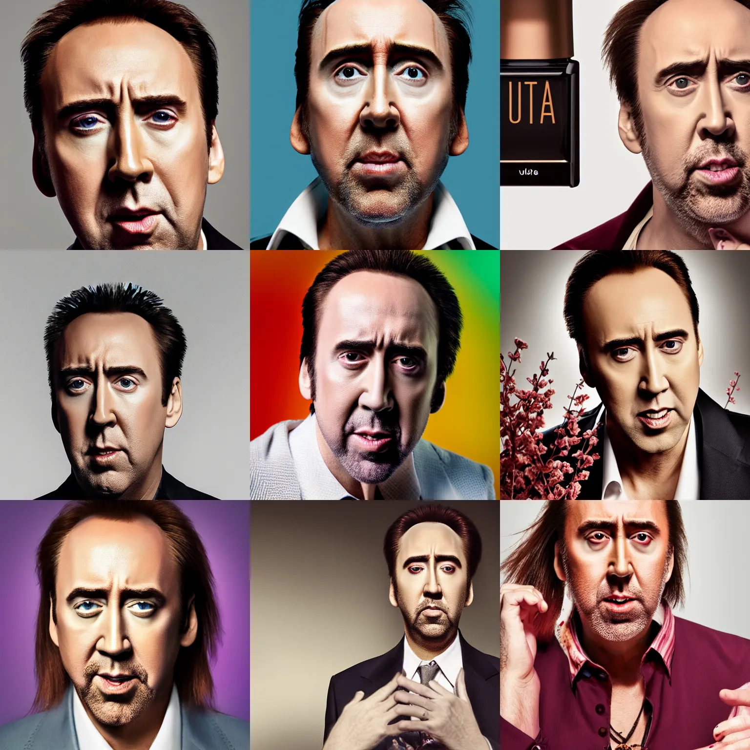 Prompt: Nic cage in an Ulta advertisement. vogue, perfect face, intricate, Sony a7R IV, symmetric balance, polarizing filter, Photolab, Lightroom, 4K, Dolby Vision, Photography Award