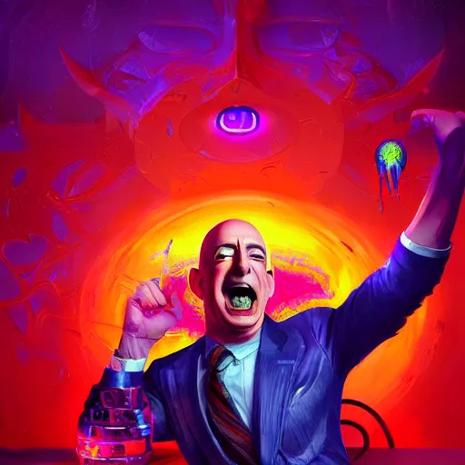 Prompt: A psychedelic portrait of a maniacally screaming jeff bezos, in pain, vibrant color scheme, highly detailed, in the style of romanticism, cinematic, artstation, Moebius, Greg rutkowski