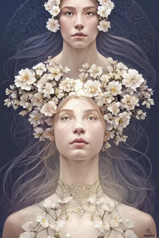 Image similar to symmetry!! full body portrait!!!! of a beautiful!!!! delicate elegant nordic shield maiden, pretty face!!!!, flower petals, intricate, elegant, highly detailed, digital painting, artstation, concept art, smooth, sharp focus, illustration, art by artgerm and greg rutkowski and alphonse mucha, 8 k