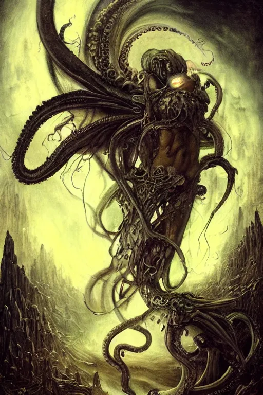 Prompt: life and death mixing, demonic wings, octopus tentacles, fireflies, hyperdetailed, 4 k, trending on artstation, dark and gloomy, demonic, cinematic, artgerm, h. r. giger, francis bacon, gustave moreau, luis royo