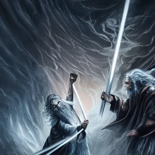 Prompt: Gandalf fight Sauron in an epic fight, dramatic lighting, artstation, hyperdetailed, high resolution, in the style of Christopher Tolkien