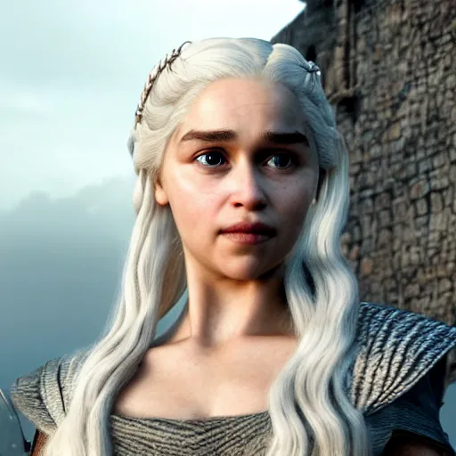 Prompt: daenerys targaryen, hair floating in the wind, determined expression, highly detailled eyes, unreal engine, highly detailled, intricate, elegant, sunrays