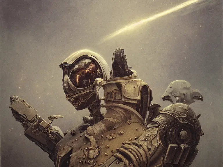 Prompt: a detailed profile painting of a bounty hunter in armour and visor, cinematic sci-fi poster. Cloth and metal. Welding, fire, flames, samurai Flight suit, anatomy portrait symmetrical and science fiction theme with lightning, aurora lighting clouds and stars. Clean and minimal design by beksinski carl spitzweg giger and tuomas korpi. baroque elements. baroque element. intricate artwork by caravaggio. Oil painting. Trending on artstation. 8k