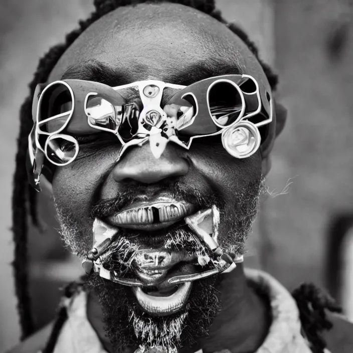 Prompt: an analogue symmetrical photo of an Tribal Igbo man wearing futuristic mech eyewear, black & white, 35mm, f/1.4,