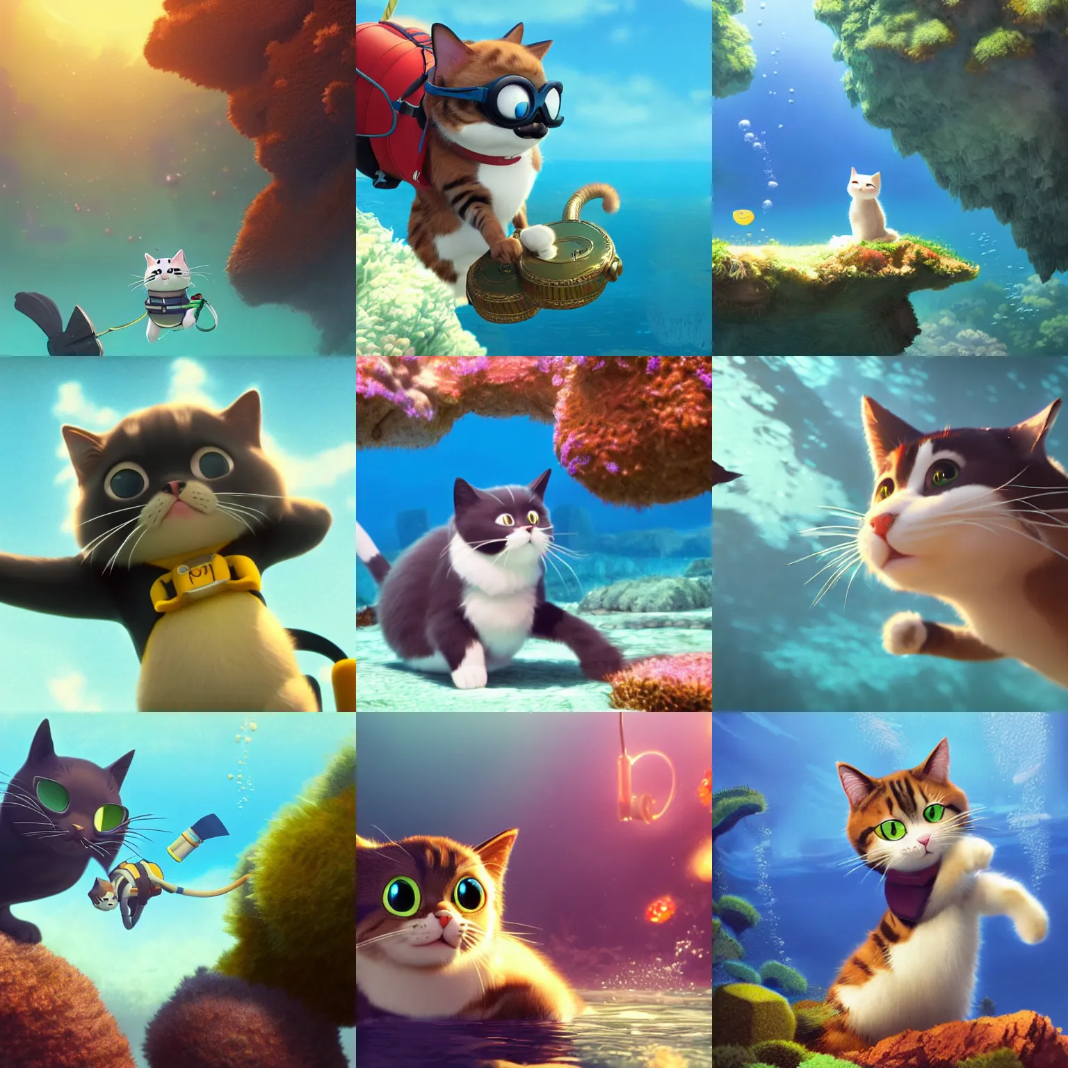 Prompt: a wholesome animation key shot of a cute cat is doing scuba diving, studio ghibli, pixar and disney animation, sharp, rendered in unreal engine 5, anime key art by greg rutkowski, bloom, dramatic lighting