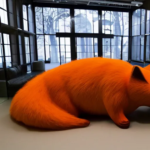 Image similar to rotund obese fox, glossy resin statue, Ron Mueck masterpiece in exhibition, wide angle shot