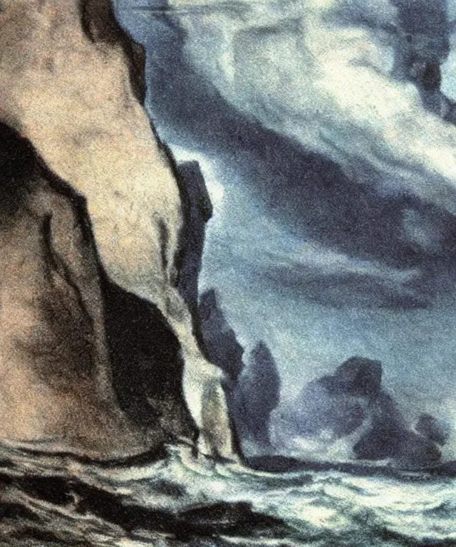 Prompt: photorealistic mixed - media painting of a 1 9 2 5 seiner sailing near a short tropical cliff with the mouth of a sea cave at the waterline, dark, brooding, atmospheric, lovecraft, horror, smooth, epic, highly detailed, cinematic, by emily carr