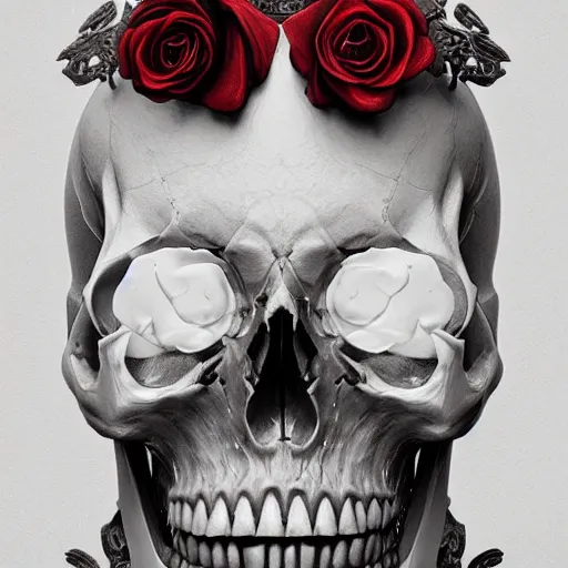 Image similar to skulls and roses, intricate artwork by Tooth Wu and wlop and beeple. octane render, trending on artstation, greg rutkowski very coherent symmetrical artwork. cinematic, hyper realism, high detail, octane render, 8k, red and black tones