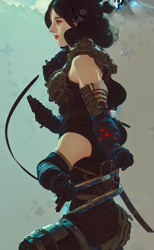 Image similar to portrait ninja gaiden girl, armored dieselpunk wardrobe, at snowy fuji mountain moonlight, ssci - fi and fantasy, intricate and beautiful and elegant, digital painting, artstation, concept art, smooth and sharp focus, illustration, art by tian zi and wlop and alphonse mucha