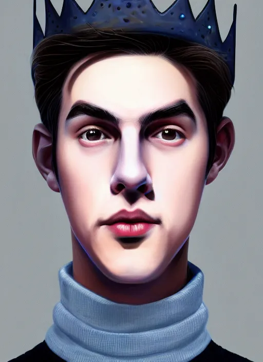 Image similar to portrait of teenage jughead jones wearing a light grey crown, crown, blue turtleneck, 1 9 5 0 s, closed eyes, photorealistic, black hair, glowing lighting, intricate, elegant, glowing lights, highly detailed, digital painting, artstation, concept art, smooth, sharp focus, illustration, art by wlop, mars ravelo and greg rutkowski