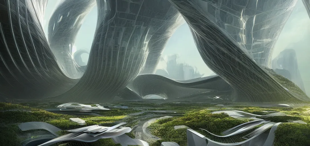 Image similar to a futuristic solarpunk biome, designed by zaha hadid, sci - fi, digital art by paul chadeisson