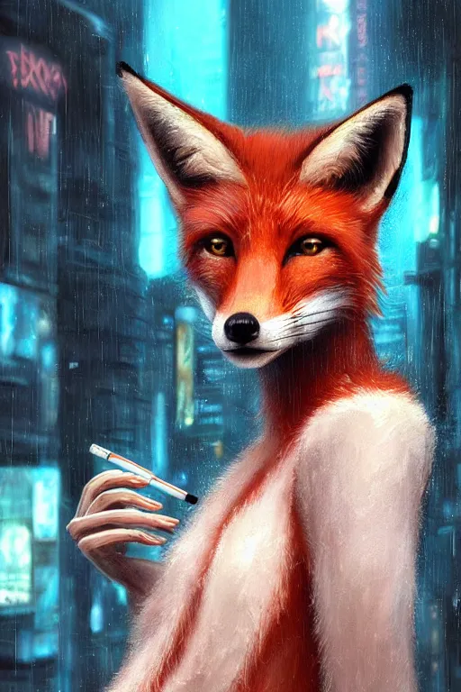 Prompt: beautiful portrait of a tall female anthro fox smoking a cigarette white standing head and shoulders taller than the bustling crowd of a rainy city street, cyberpunk, harsh neon lights, highly detailed, sharp focus, digital painting, illustration, trending on artstation, art by sakimichan, artgerm