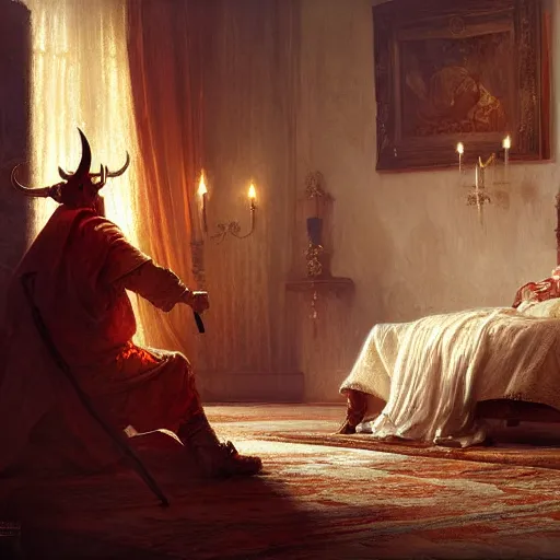 Image similar to the pope is in his bedroom, terrified because a horned demon is attacking him. highly detailed painting by gaston bussiere, greg rutkowski, craig mullins 8 k