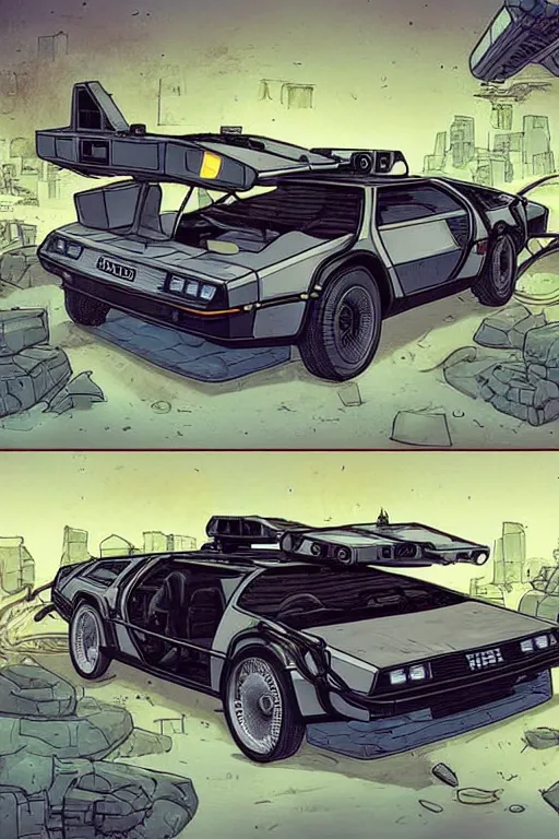 Prompt: Delorean car designed by Aplle that looks like it is from Borderlands and by Feng Zhu and Loish and Laurie Greasley, Victo Ngai, Andreas Rocha, John Harris