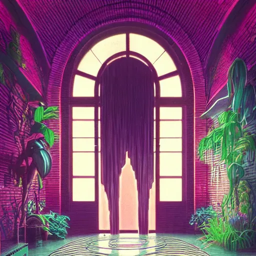 Image similar to 80s interior with arched windows, neon rain, hanging plants, cinematic, cyberpunk, lofi, calming, dramatic, fantasy, by Moebius, by zdzisław beksiński, Fantasy LUT, high contrast, epic composition, sci-fi, dreamlike, surreal, angelic, cinematic, 8k, unreal engine, hyper realistic, fantasy concept art,