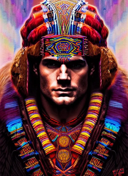 Image similar to portrait of henry cavill, hyper detailed ultra sharp aztec shaman warrior. trending on artstation, warpaint aesthetic, bloodwave, colorful, psychedelic, ornate, intricate, digital painting, concept art, smooth, sharp focus, illustration, art by artgerm and greg rutkowski and h. r. giger, 8 k