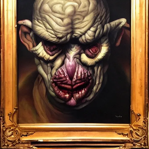 Prompt: oil painting by christian rex van minnen of a portrait of an extremely bizarre disturbing mutated man with intense chiaroscuro lighting perfect composition masterpiece strangely beautiful
