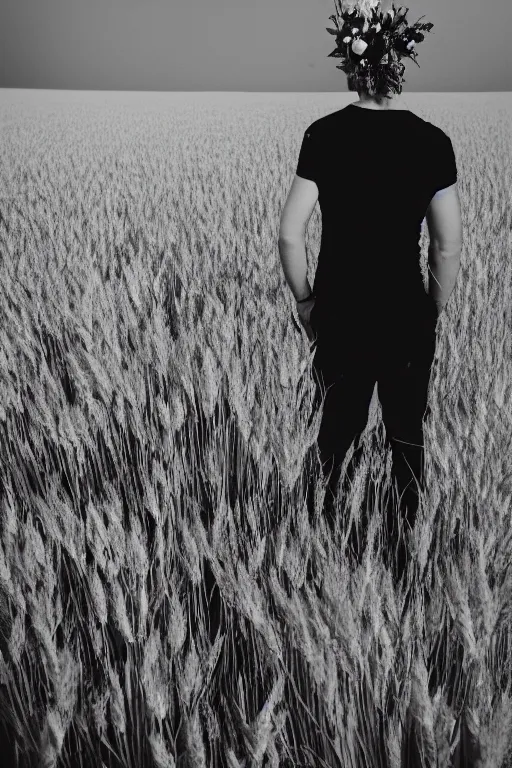 Prompt: kodak portra 4 0 0 photograph of a guy standing in a field of wheat, back view, flower crown, telephoto, faded effect, grain,