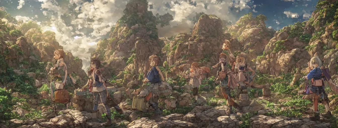 Image similar to standing and waiting just means we'll be showered by more boulders. get ready on the double! hyperrealistic anime illustration by iralki nadar, extremely detailed, intricate linework, super sharp focus, bright colors, octopath traveler, studio ghibli, unreal engine 5 highly rendered, global illumination, radiant light, detailed and intricate environment