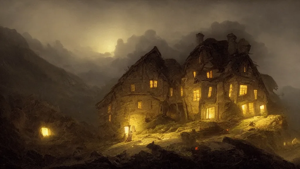 Image similar to A singular rotting cottage on a mountaintop at night, horror painting, by Hubert Robert, hyperrealistic, Blender 8k UHD