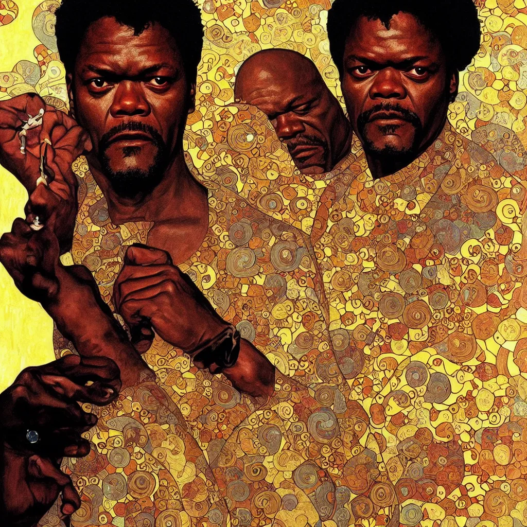 Prompt: Samuel L. Jackson from Pulp Fiction (1994) made with a combination of the art styles of Alphonse Mucha and Gustav Klimt. Masterpiece.