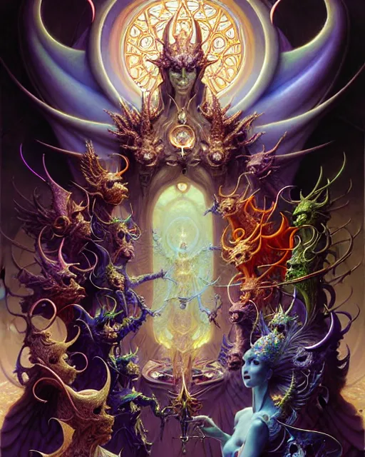 Image similar to a portrait of the council of angels and devils, fantasy character portrait made of fractals facing each other, ultra realistic, wide angle, intricate details, the fifth element artifacts, highly detailed by peter mohrbacher, hajime sorayama, wayne barlowe, boris vallejo, aaron horkey, gaston bussiere, craig mullins