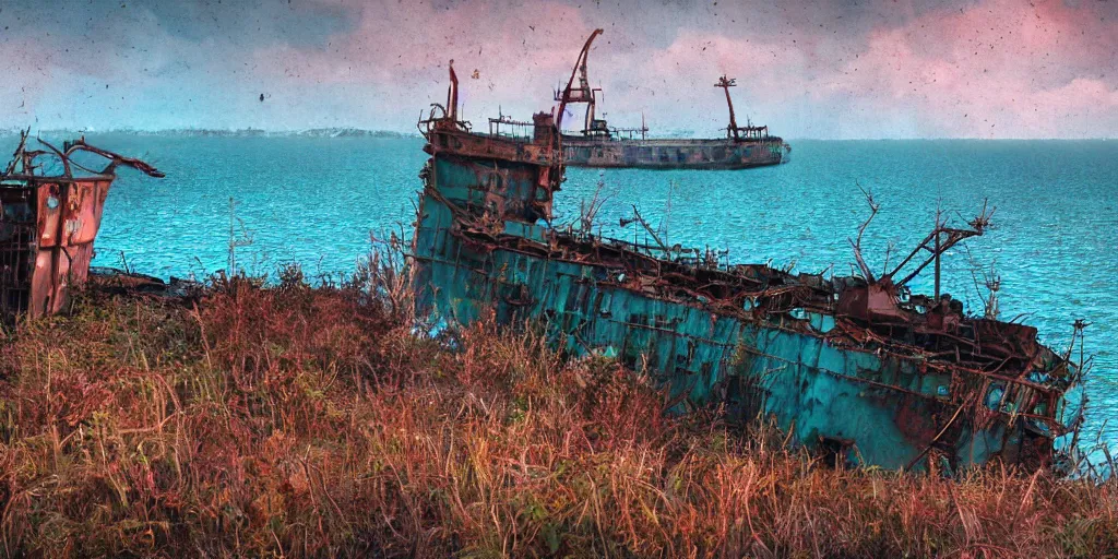 Image similar to a singular rusted abandoned cargo ship, overgrown, sparse foliage, rusted, adrift at sea, by Scott Listfield and Simon Stalenhag, , golden hour, oversaturated blues, velvia film