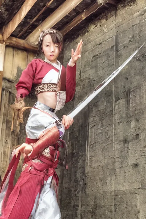 Image similar to highly detailed beautiful photo of a young female samurai, practising sword stances in a temple, symmetrical face, beautiful eyes, realistic anime art style, 8 k, award winning photo, pastels, action photography, 1 / 1 2 5 shutter speed, dramatic lighting