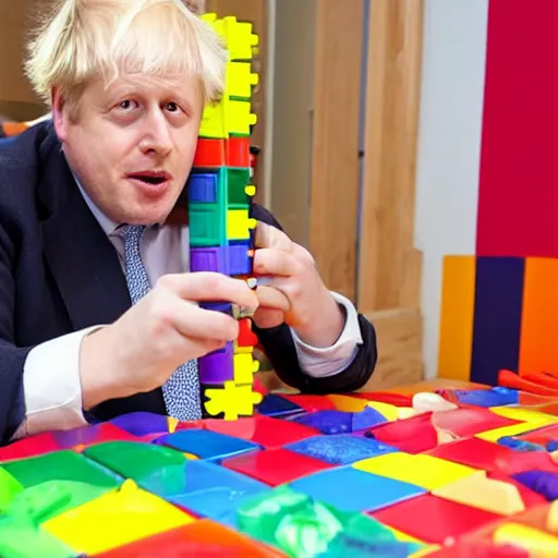 Image similar to Boris Johnson eating crayons while sitting on kindergarten puzzle floor, full body