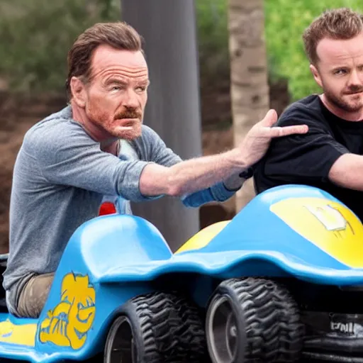 Prompt: Bryan Cranston and Aaron Paul in go karts