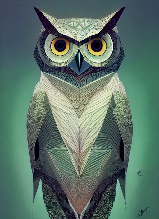 Image similar to portrait of a geometric owl, identical eyes, medium shot, illustration, full body made of white feathers, symmetrical, art stand, super detailed, cinematic lighting, and its detailed and intricate, gorgeous, by peter mohrbacher