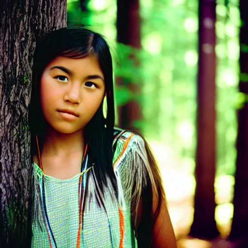 Prompt: portrait of a young beautiful native girl looking at the camera with a sincere look, eyes have a rainbow glow, background is a redwood forest, kodak portra 4 0 0