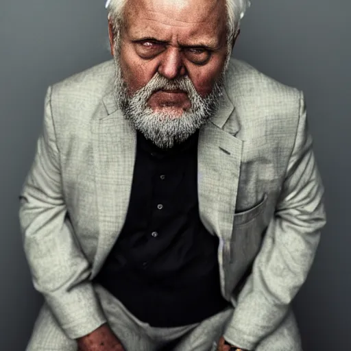 Image similar to photograph of old man wearing suit, sinister, dark circles under eyes, overweight, sagging skin, caucasian, hair becoming gray, cult leader, sigma 85mm f/1.4, 4k, depth of field, high resolution, 4k, 8k, hd, full color