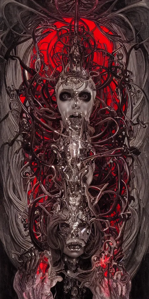 Image similar to intense glowing angry pagan god with tentacles and horns and intense pure black eyes and a blood skull in very dark chrome metal cathedral by karol bak and alphonse mucha and beksinski, portrait, fantasy, clear, light beams, lens flare, intense, uhd, amazing depth, cinematic lighting, shining chrome and black and red