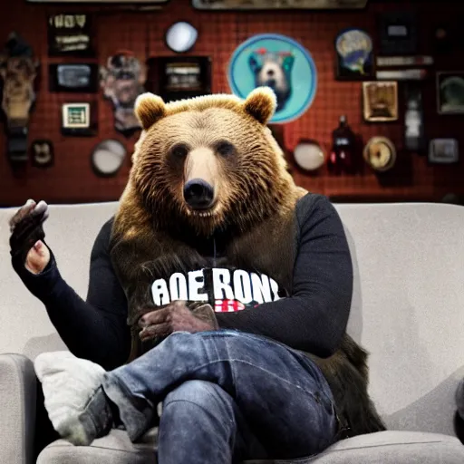 Image similar to a grizzly bear wearing a leather jacket as a guest on the joe rogan podcast