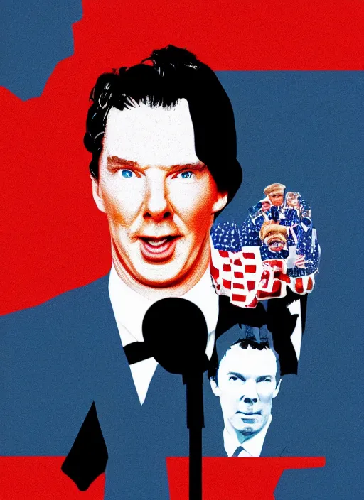 Prompt: trump, benedict cumberbatch is united states president donald trump, 8 0's movie poster, theatrical poster, vibrant fan art, digital art, trending on artstation, minimalist