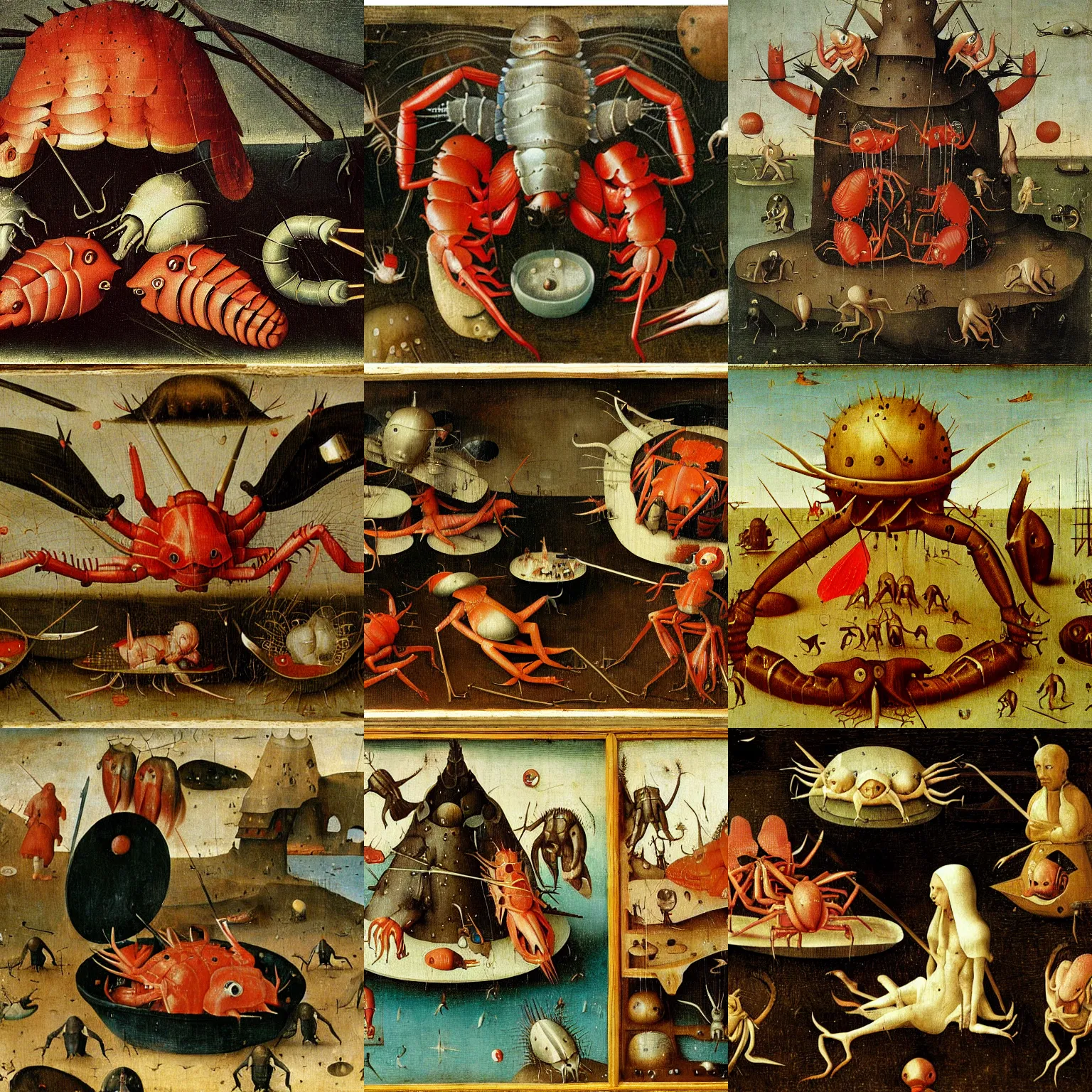 Prompt: a red lobster by hieronymus bosch