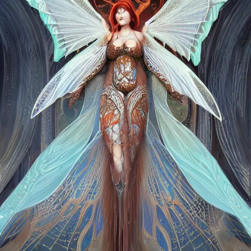 Image similar to a beautiful symmetrical plus size woman full body wearing algerian kaftan with translucent wings by alex gray and android jones , Karol Bak, Ayami Kojima, Amano , concept art, character design, fantasy,3D, 8k resolution