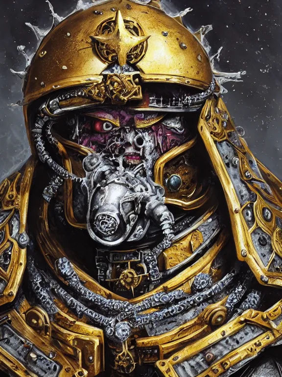 Prompt: portrait art of 8k ultra realistic undead corrupted space marine king, ornate intricate crown, smashed glass helmet , detailed intricate ornate armour,decaying, cybernetic, full of colour, cinematic lighting, battered, trending on artstation, 4k, hyperrealistic, focused, extreme details,unreal engine 5, cinematic, masterpiece, art by ayami kojima, giger