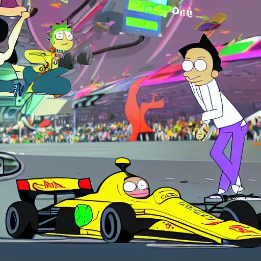 Image similar to formula 1 race, rick and Morty style