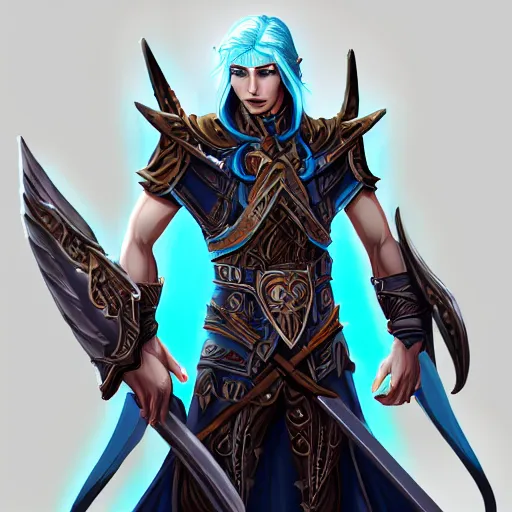 Prompt: Concept art of male high elf with light blue hair, black leather armor, golden eagle skull on chest, by Naranbaatar Ganbold, trending on artstation