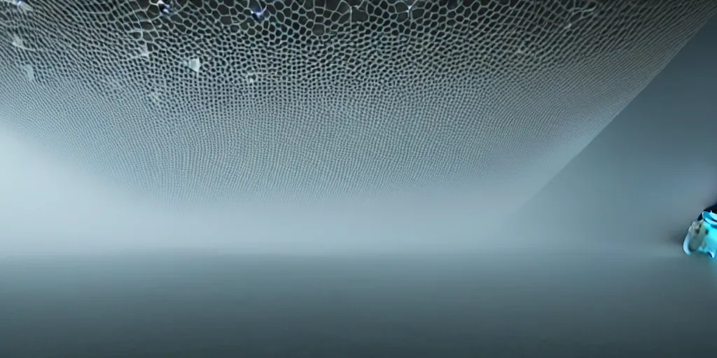 Image similar to white honeycomb organic illuminated building with warm illumination inside by kendall buster sits on the field evening atmosphere in low fog, 4 k, insanely quality, highly detailed, film still from the movie directed by denis villeneuve with art direction by zdzisław beksinski, telephoto lens, shallow depth of field